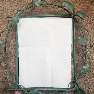 Vintage 1996 Metal Picture Frame Ornate Green Vine Leaf & Pink Rose 8”x10”